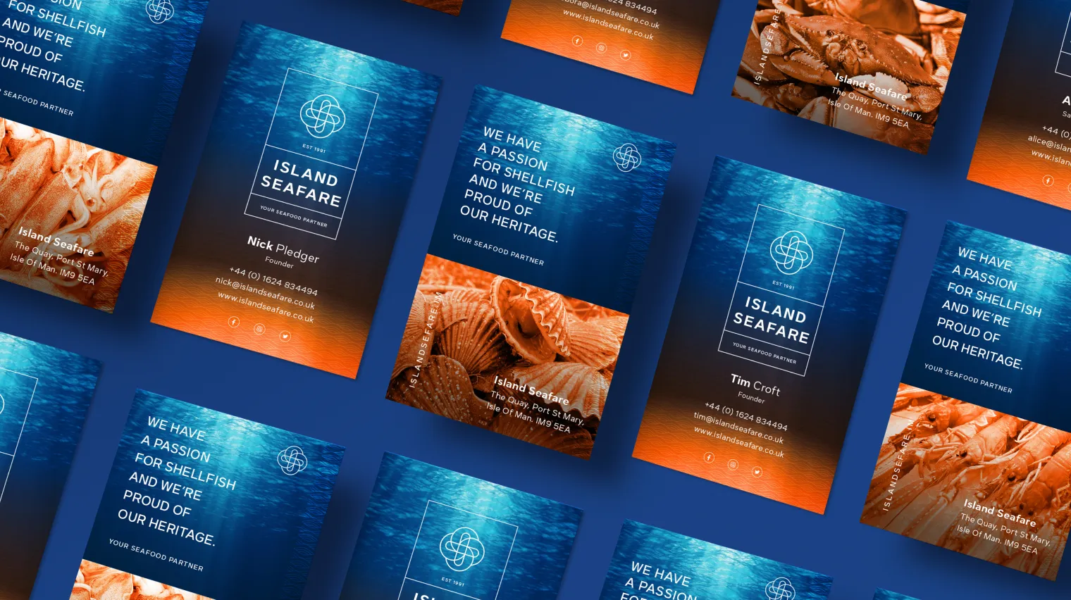Island Seafare business cards for team members Nick Pledger and Tim Craft, showing brand identity with shellfish photography and Isle of Man address, designed by DotPerformance